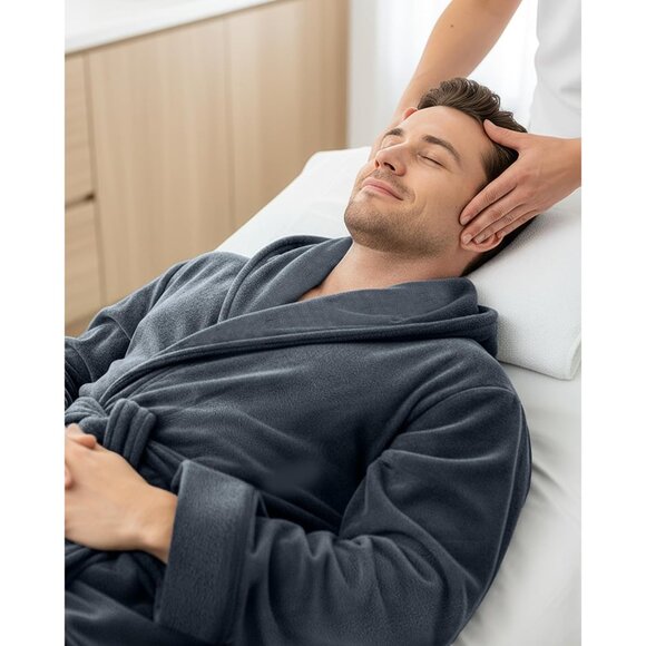 Mens Robe with Hood Luxury Plush Fleece Hooded Bathrobe Spa Bath Robe for Men - Picture 6 of 7